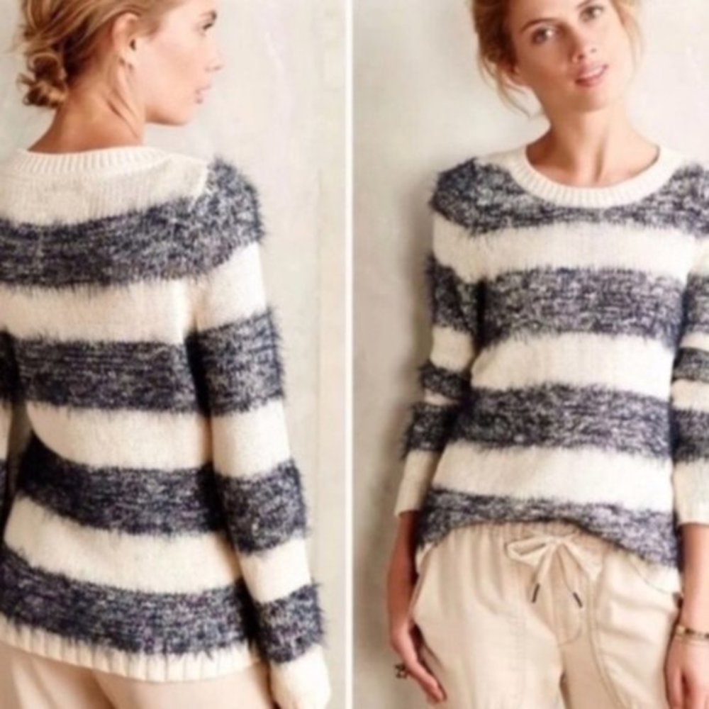 Tabitha (Anthropologie) Fuzzy Striped Sweater - Navy and Cream